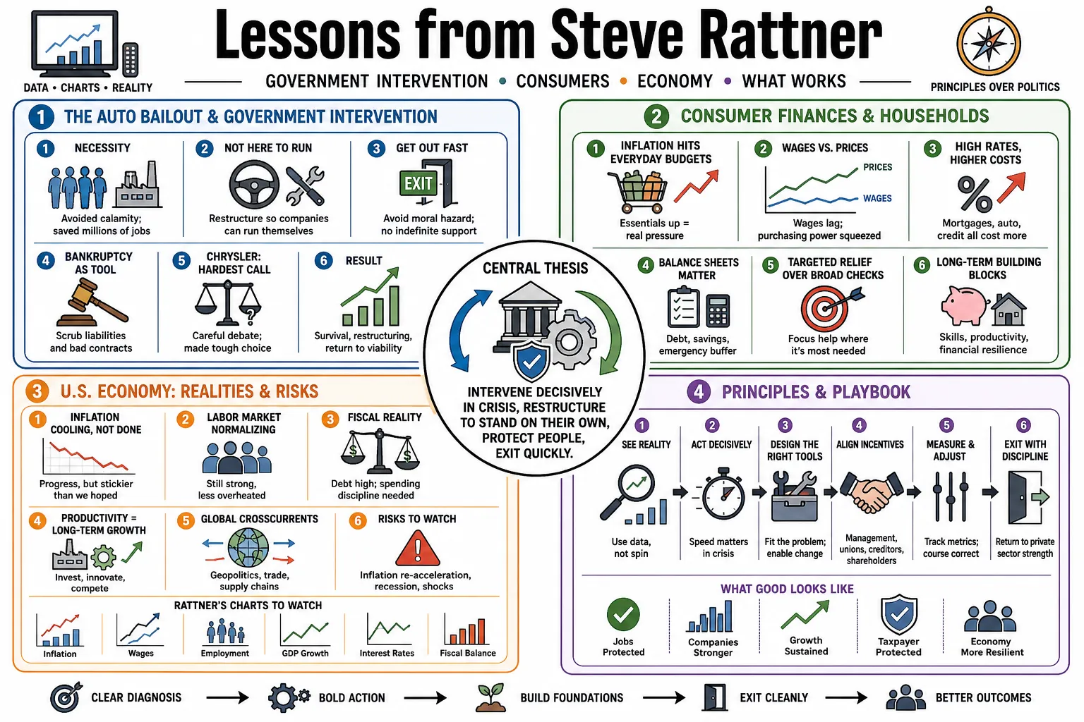 Visual summary of operating lessons from Steve Rattner.