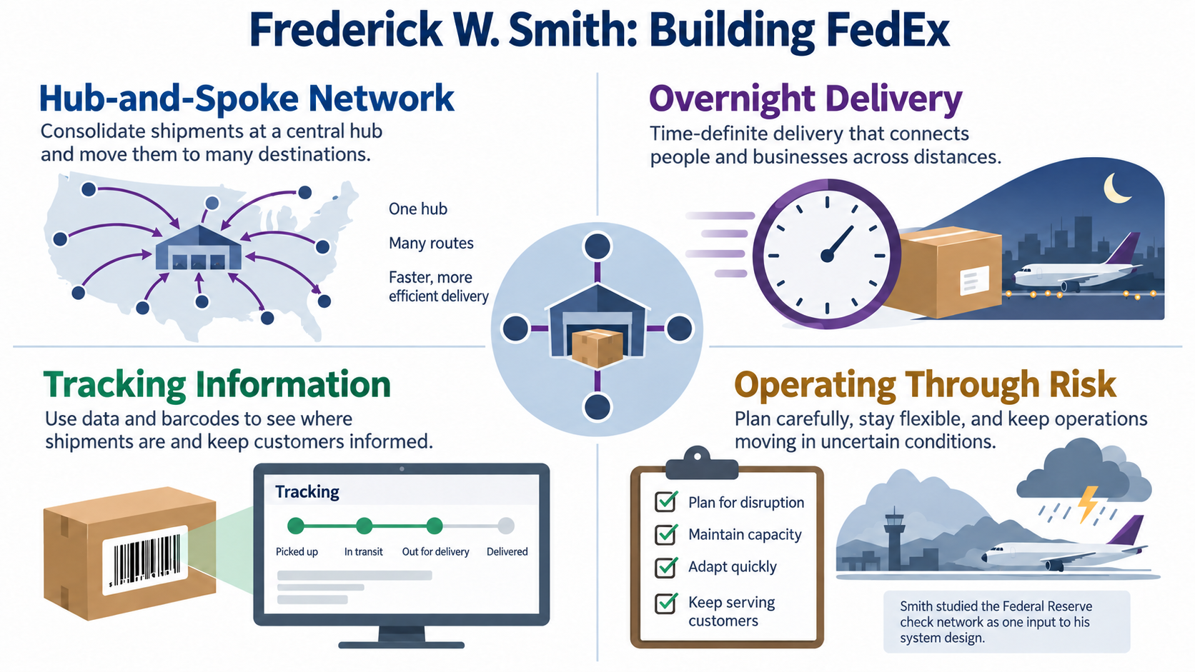 Concept map of Frederick W. Smith's hub-and-spoke delivery network, overnight service, tracking information, and operations through risk.