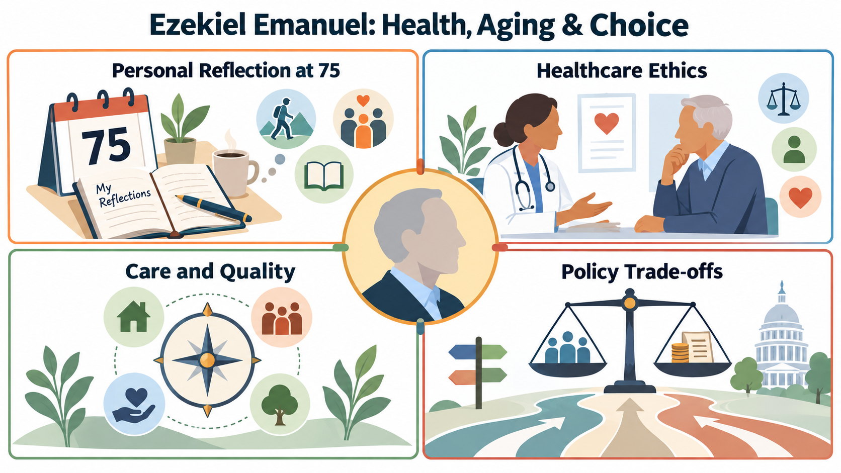 Concept map of Ezekiel Emanuel's writing on aging, healthcare ethics, care quality and policy trade-offs; age 75 is framed as his personal reflection.